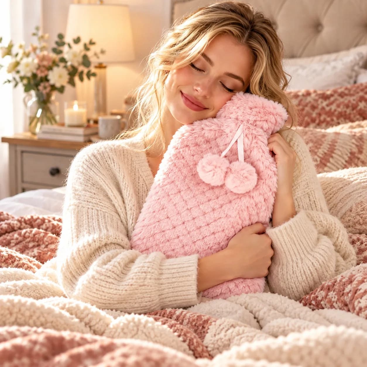 Bouillotte - bouteille rose pompons 1,8L